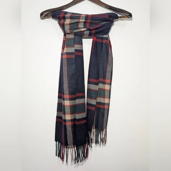 J. Crew Cashmere Navy Blue Tartan Plaid Scarf Red Cream Green - Picture 2 of 5